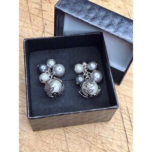 Silver & Gray Faux Pearl Drop Earrings With Intricate Metalwork Accents In Gift